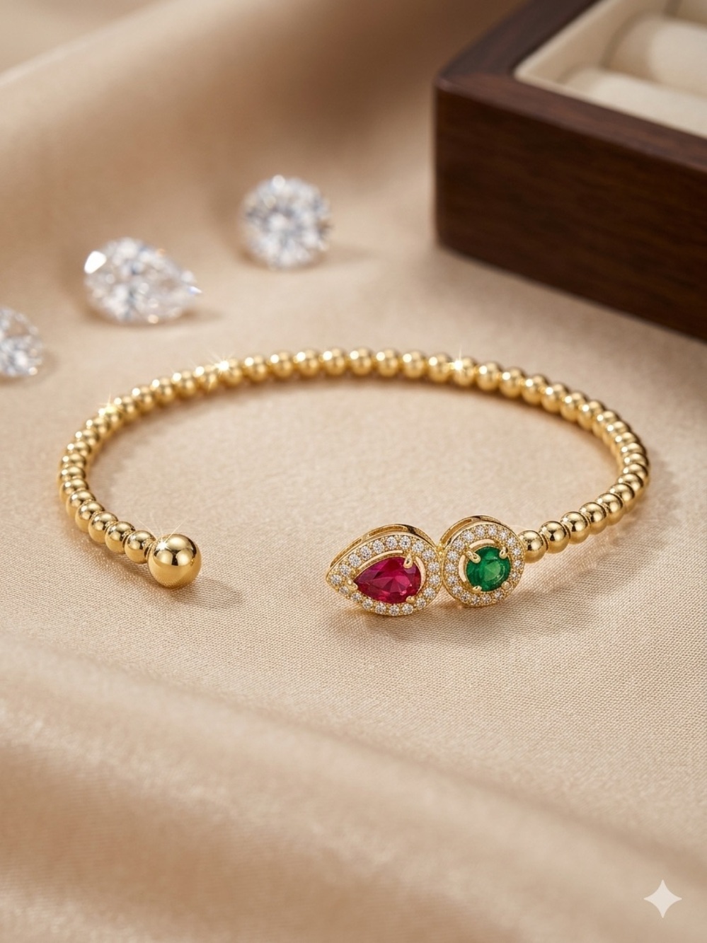 14k Gold - Filled Beaded Bypass Bracelet with Ruby Red and Emerald Green Stones